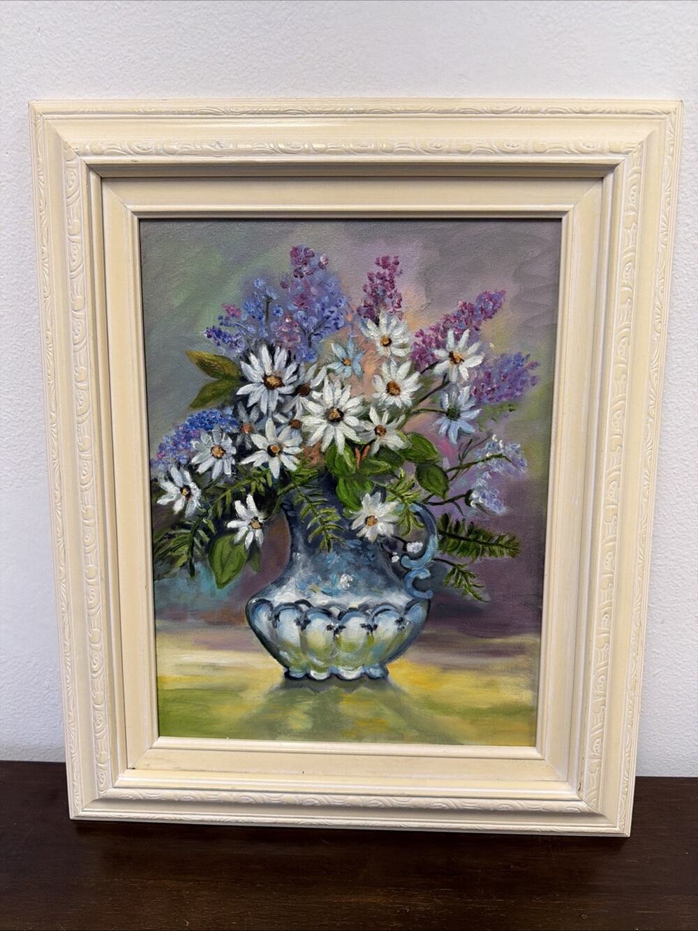 Vintage Framed Original Floral Oil Painting Canvas Daisies Lilacs Bouquet 22x26